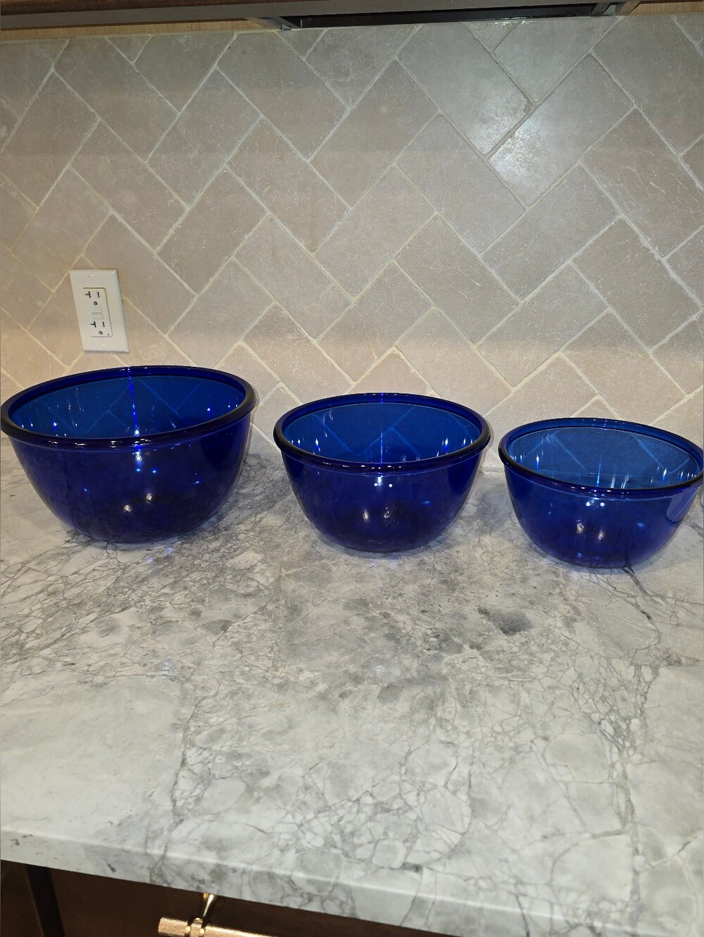 Vintage French Cobalt Blue Glass Mixing Bowls Set of 3 Rolled Rims Coastal